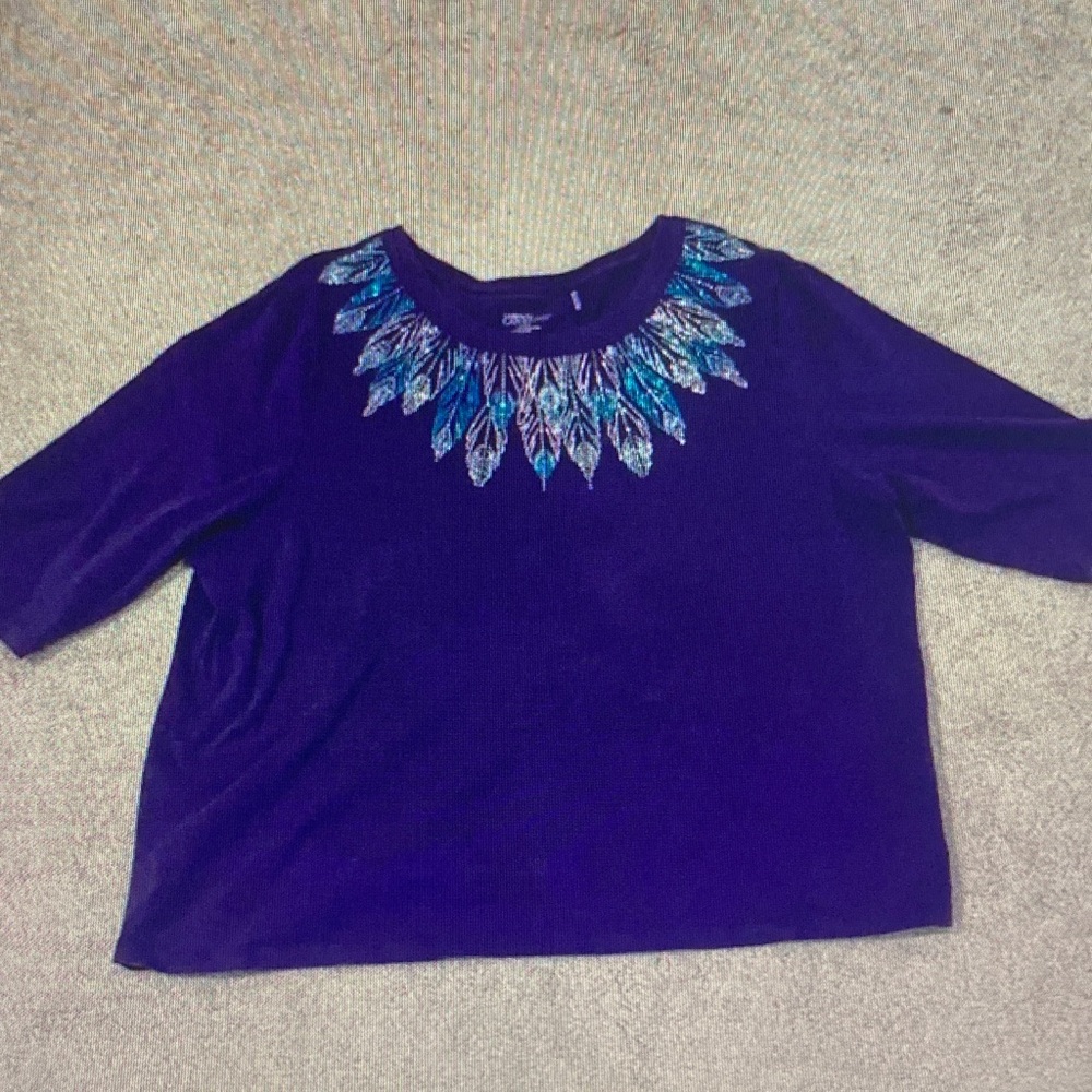 Catherines Purple Scoop Neck Top with Blue Teardrop Embellishment